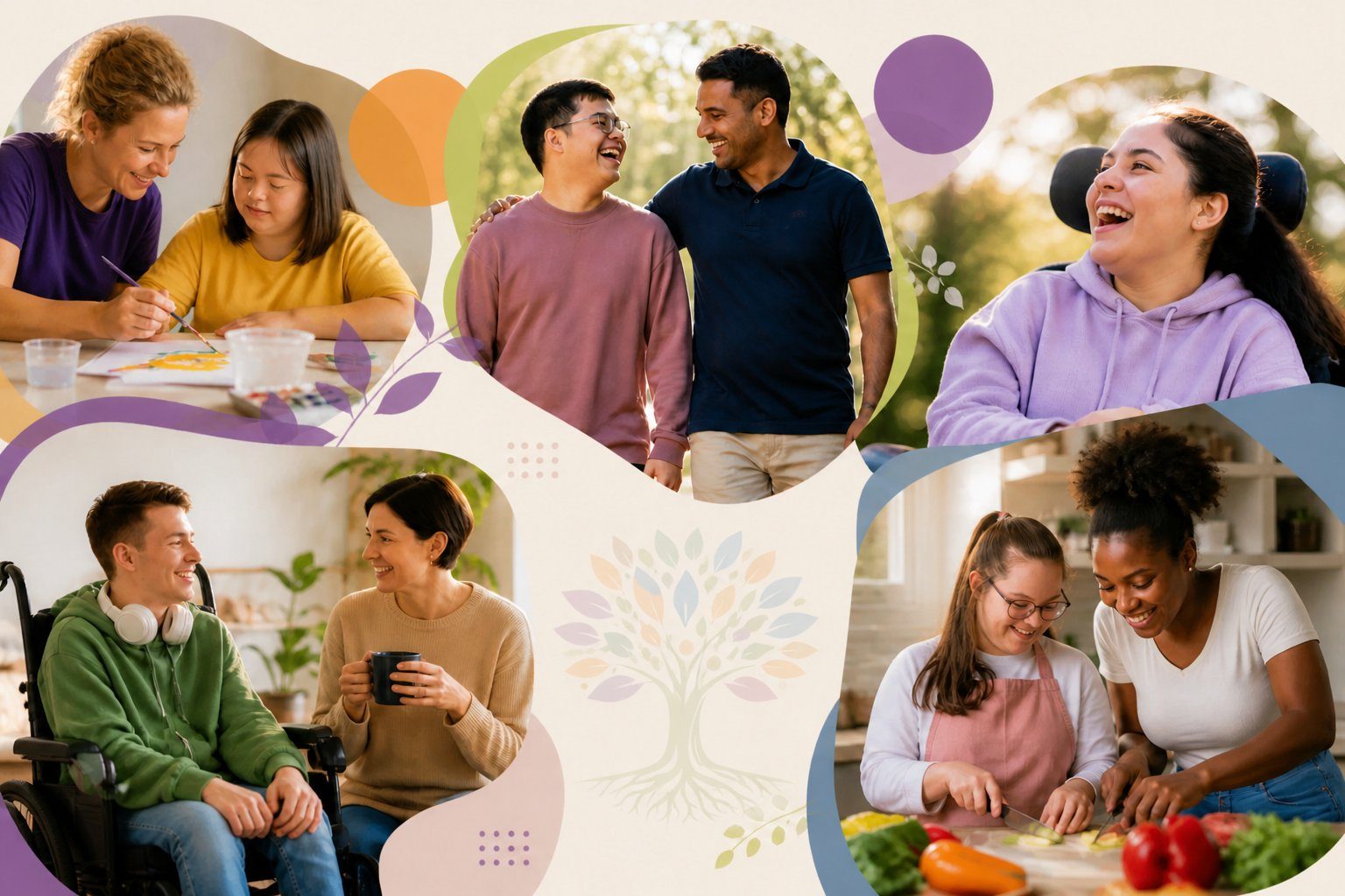 A collage of Ohana Care participants and support workers — roots, branches, and leaves