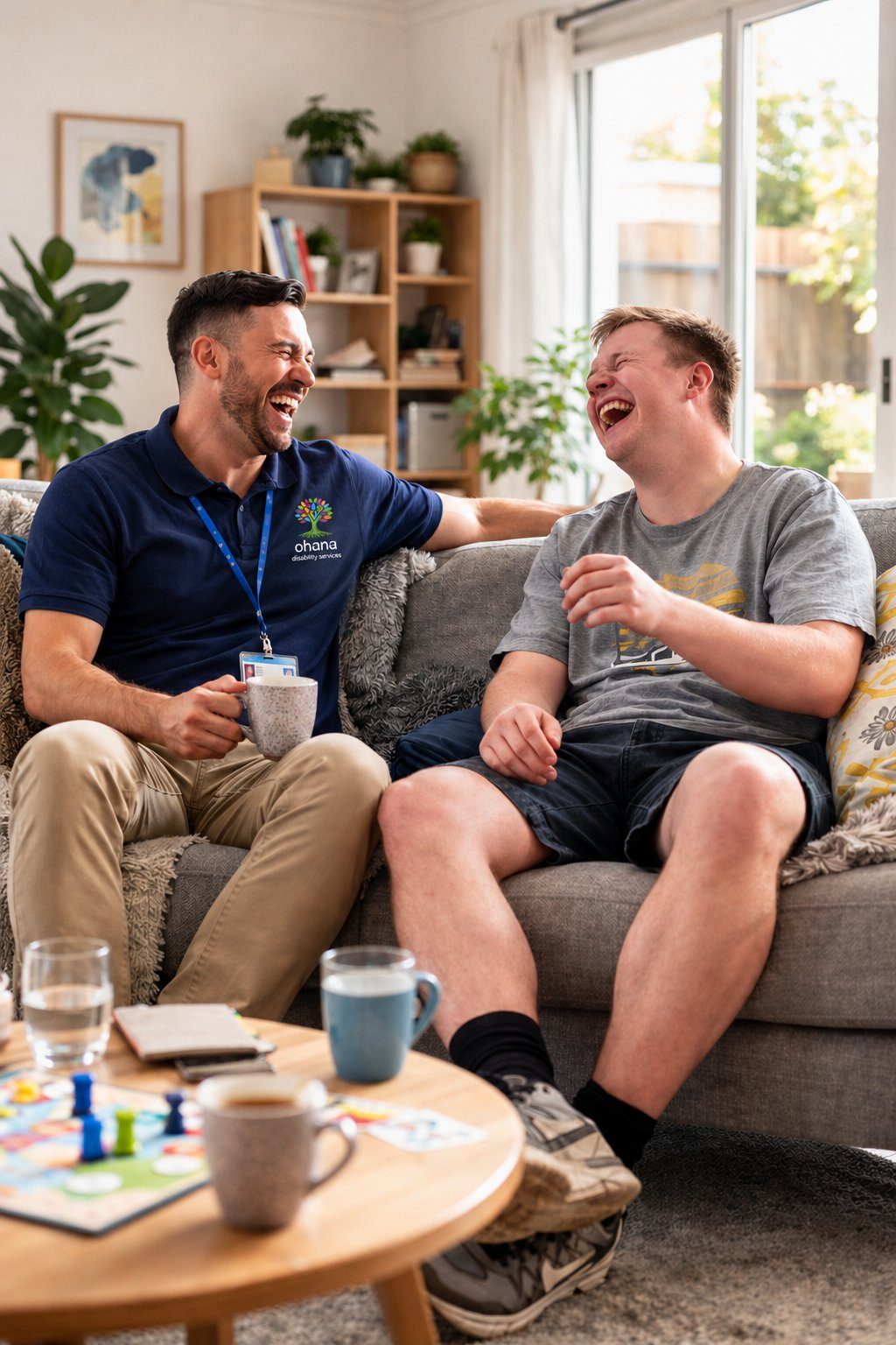 An Ohana Care support worker laughing with a participant during a home visit