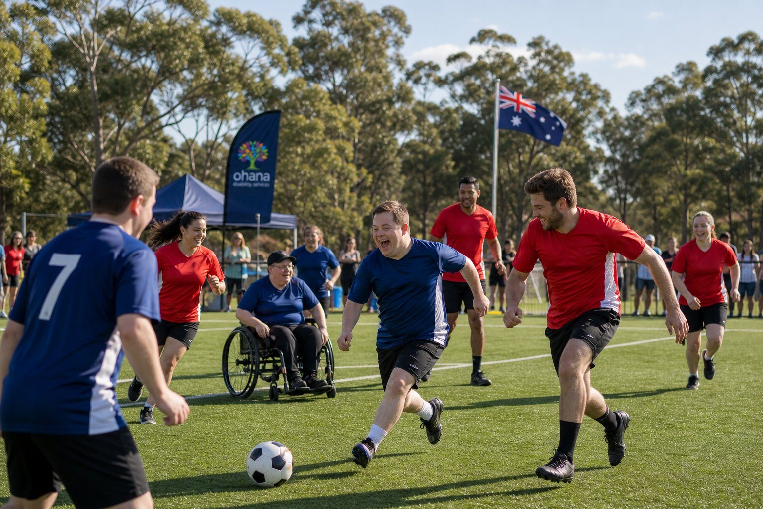 An Ohana Care community football match — players running, an Australian flag and the Ohana banner in the background