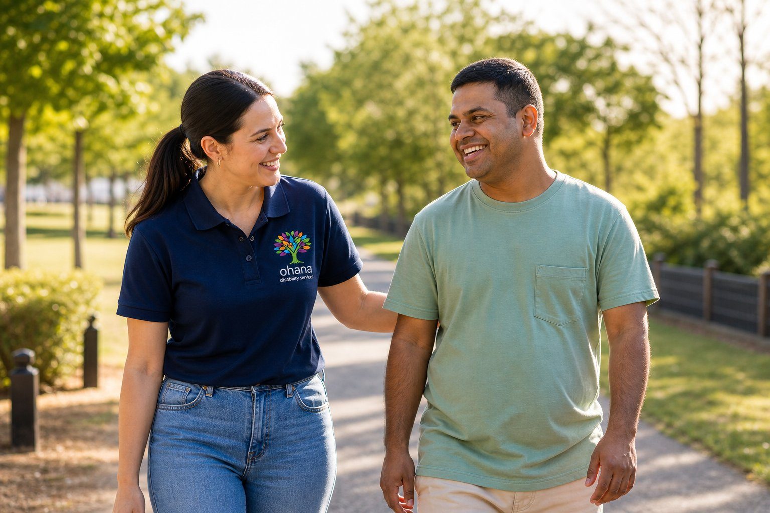 A support worker and participant walking together in a park